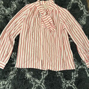 Striped Coral & White Button Down Top